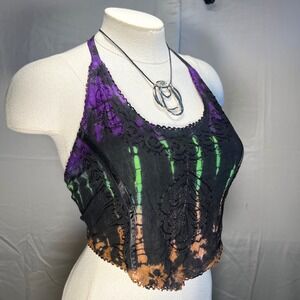 My Choice Lace Halter Wrap Crop Top Tie Dye Neon Green Purple Goth Rave One Size